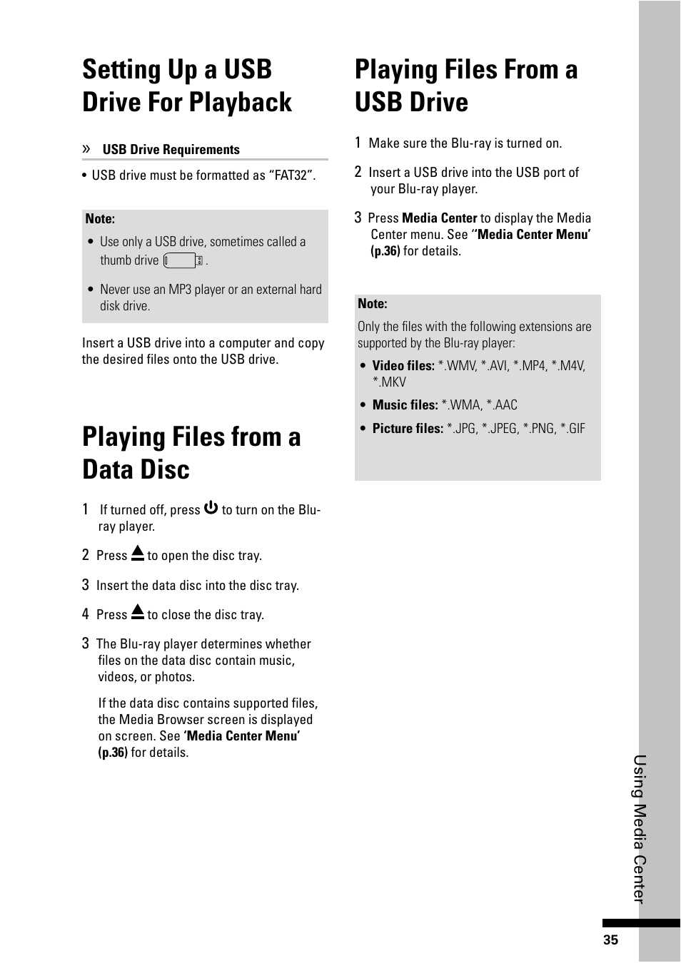 Playing files from a data disc, Setting up a usb drive for playback, Playing files from a usb drive | HP BD-2000 Blu-ray Disc Player User Manual | Page 35 / 66