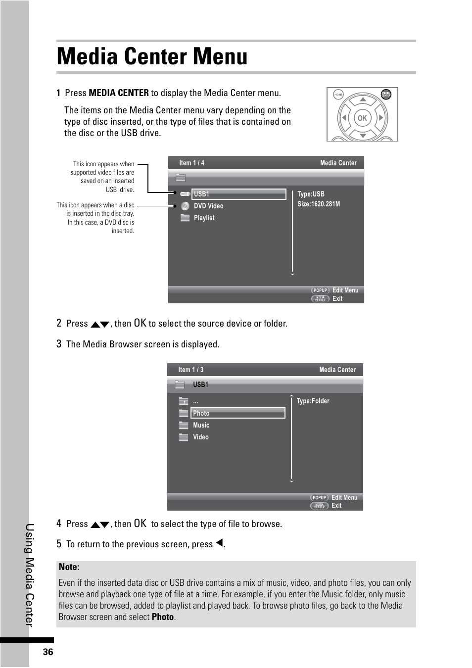 Media center menu, Using media center | HP BD-2000 Blu-ray Disc Player User Manual | Page 36 / 66