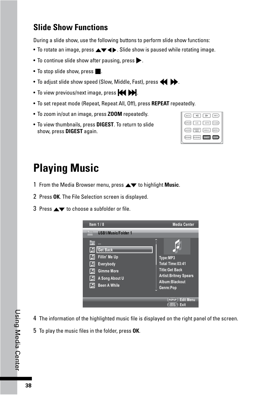 Playing music, Slide show functions, Using media center | HP BD-2000 Blu-ray Disc Player User Manual | Page 38 / 66