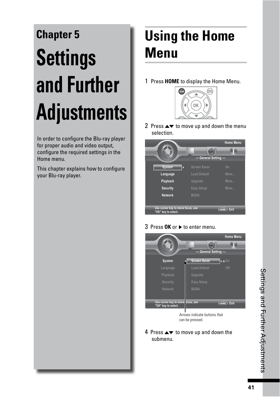 Settings and further adjustments, Using the home menu, Chapter 5 | HP BD-2000 Blu-ray Disc Player User Manual | Page 41 / 66