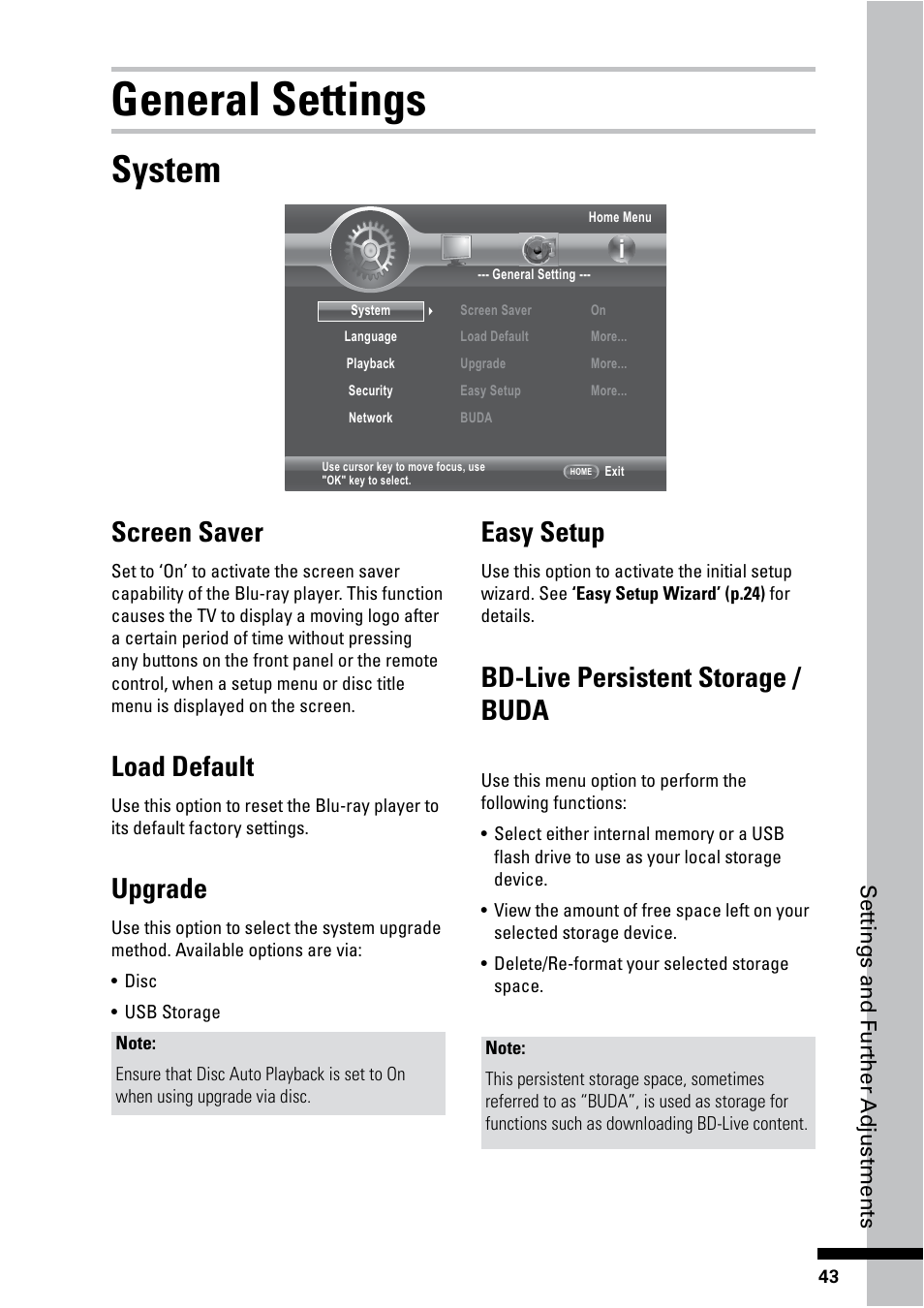 General settings, System, Screen saver | Load default, Upgrade, Easy setup, Bd-live persistent storage / buda | HP BD-2000 Blu-ray Disc Player User Manual | Page 43 / 66