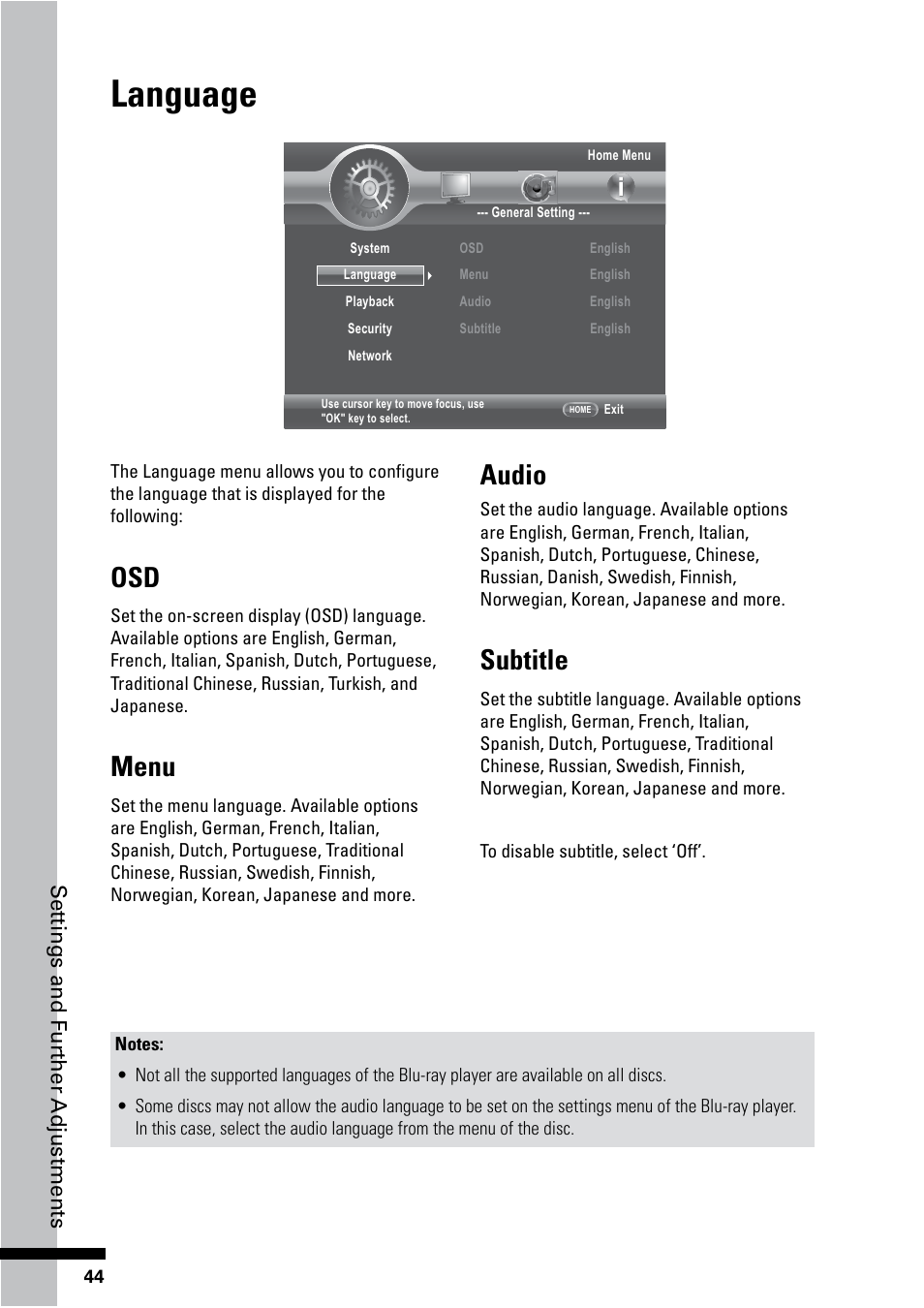 Language, Menu, Audio | Subtitle | HP BD-2000 Blu-ray Disc Player User Manual | Page 44 / 66