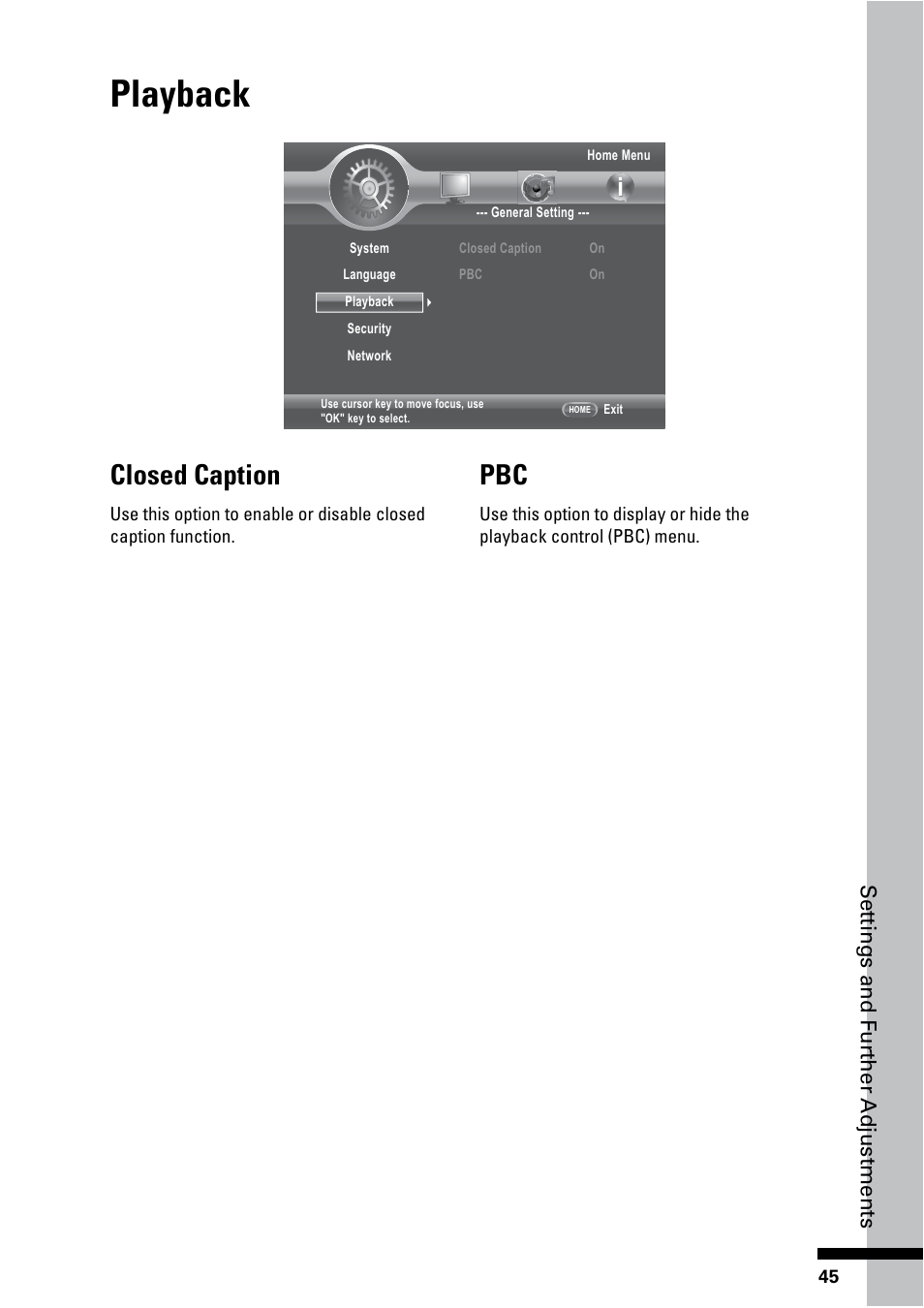 Playback, Closed caption, Set tings and f ur ther adjustments | HP BD-2000 Blu-ray Disc Player User Manual | Page 45 / 66