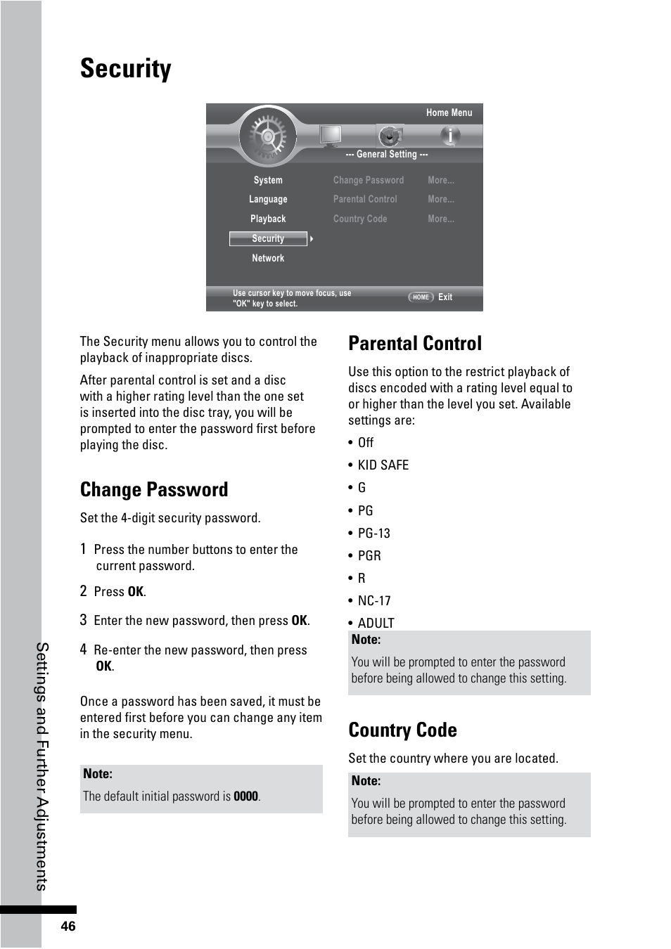 Security, Change password, Parental control | Country code | HP BD-2000 Blu-ray Disc Player User Manual | Page 46 / 66
