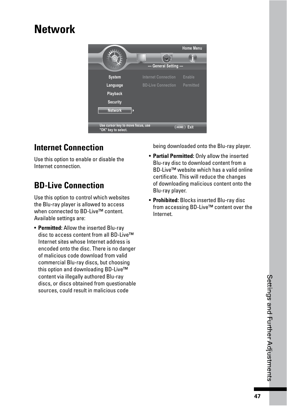 Network, Internet connection, Bd-live connection | HP BD-2000 Blu-ray Disc Player User Manual | Page 47 / 66