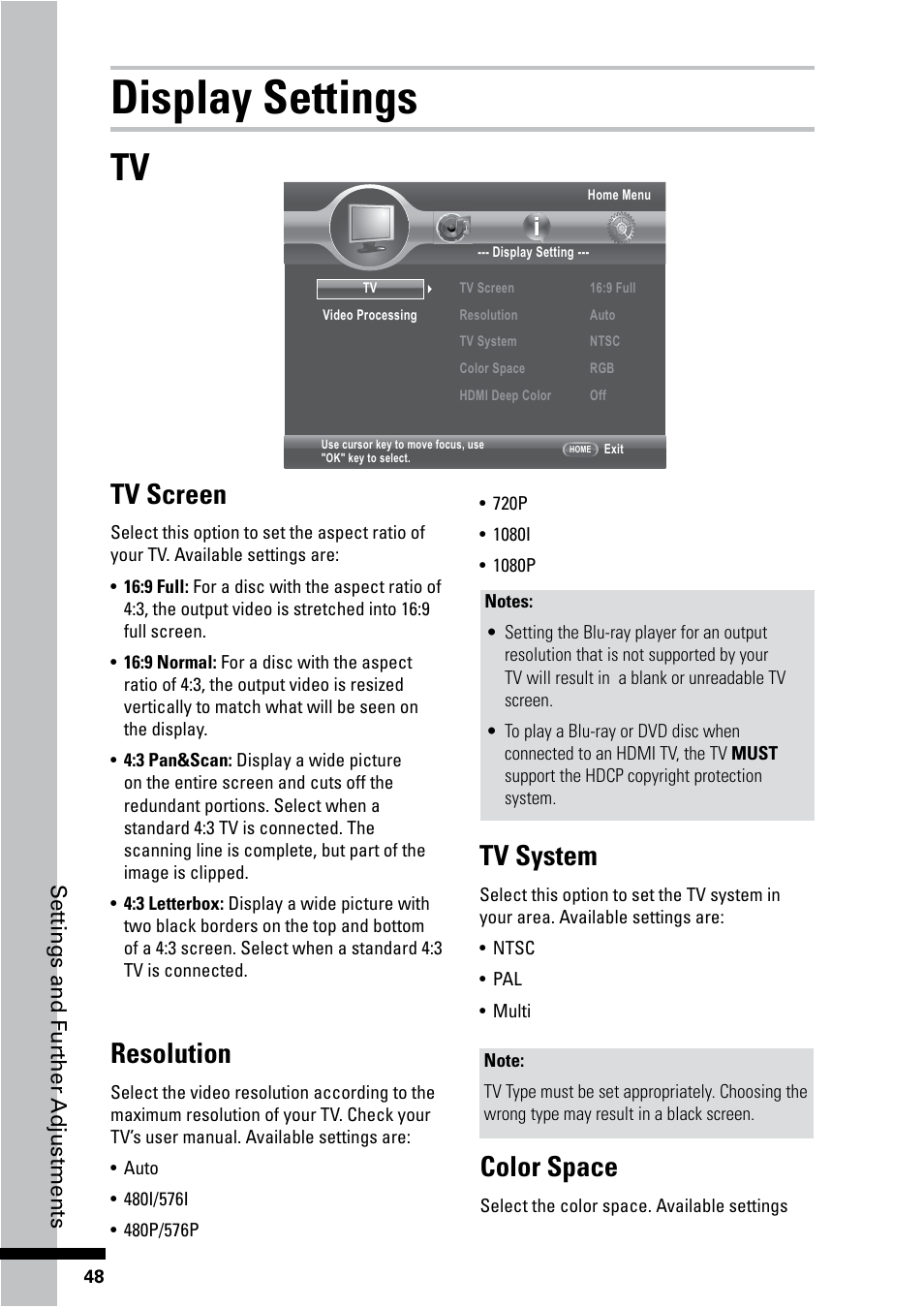 Display settings, Tv screen, Resolution | Tv system, Color space | HP BD-2000 Blu-ray Disc Player User Manual | Page 48 / 66