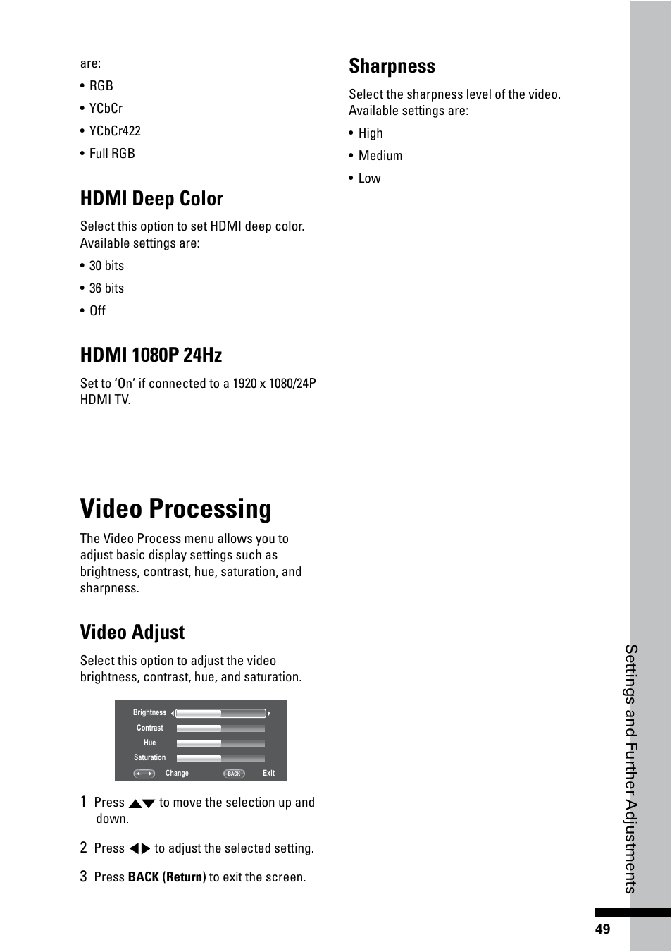 Video processing, Hdmi deep color, Video adjust | Sharpness | HP BD-2000 Blu-ray Disc Player User Manual | Page 49 / 66