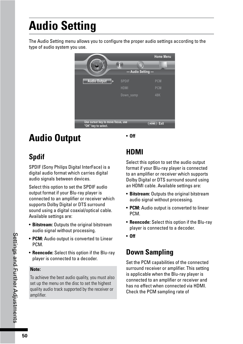 Audio setting, Audio output, Spdif | Hdmi, Down sampling | HP BD-2000 Blu-ray Disc Player User Manual | Page 50 / 66