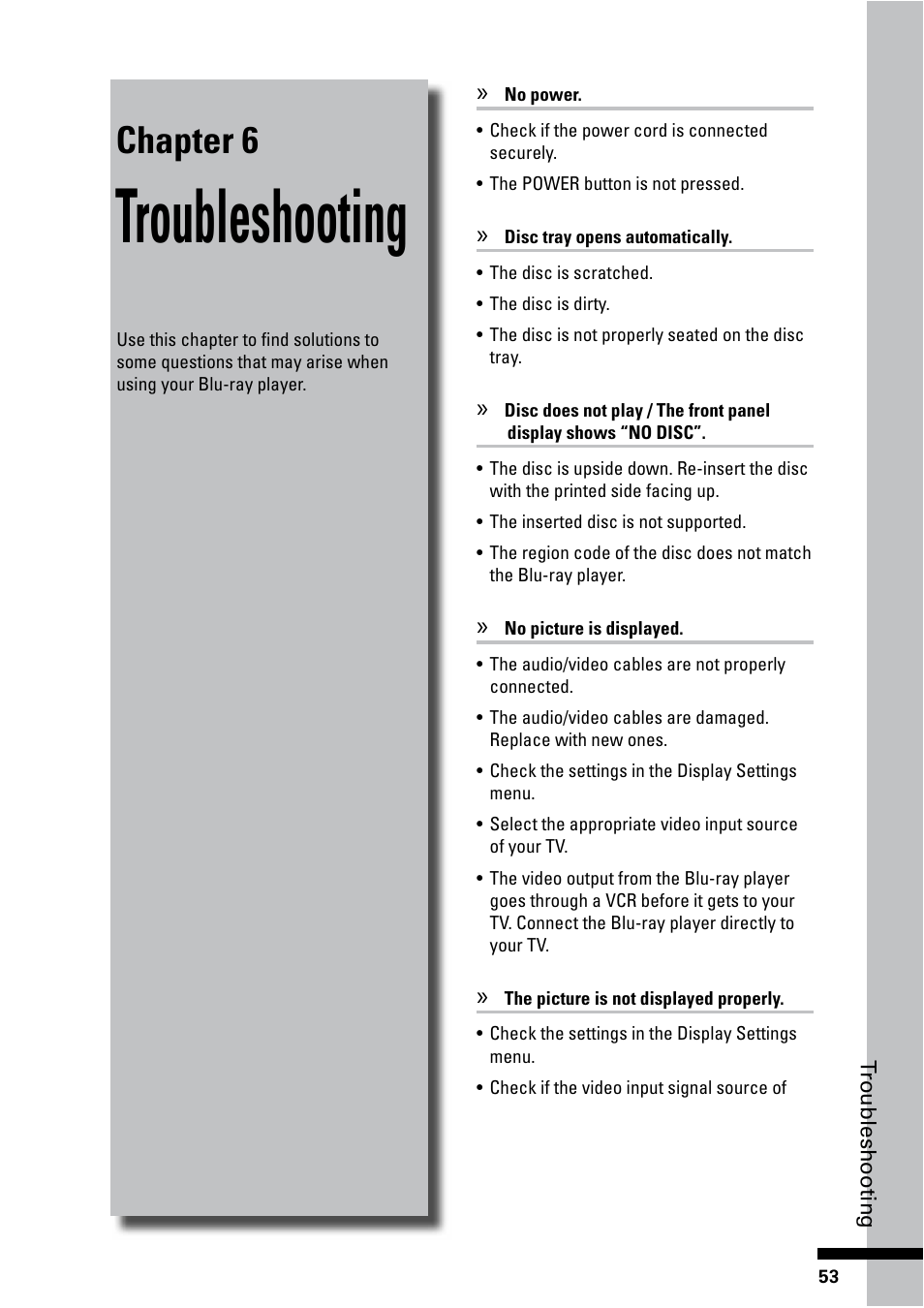 Troubleshooting, Chapter 6 | HP BD-2000 Blu-ray Disc Player User Manual | Page 53 / 66