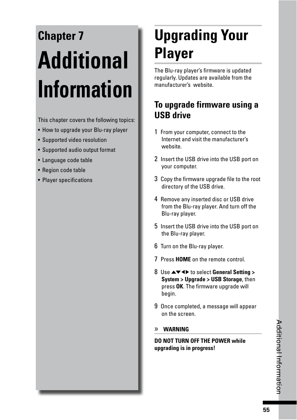 Additional information, Upgrading your player, Chapter 7 | HP BD-2000 Blu-ray Disc Player User Manual | Page 55 / 66