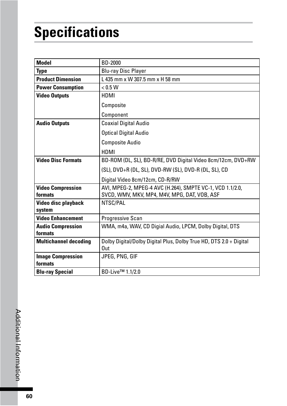Specifications | HP BD-2000 Blu-ray Disc Player User Manual | Page 60 / 66