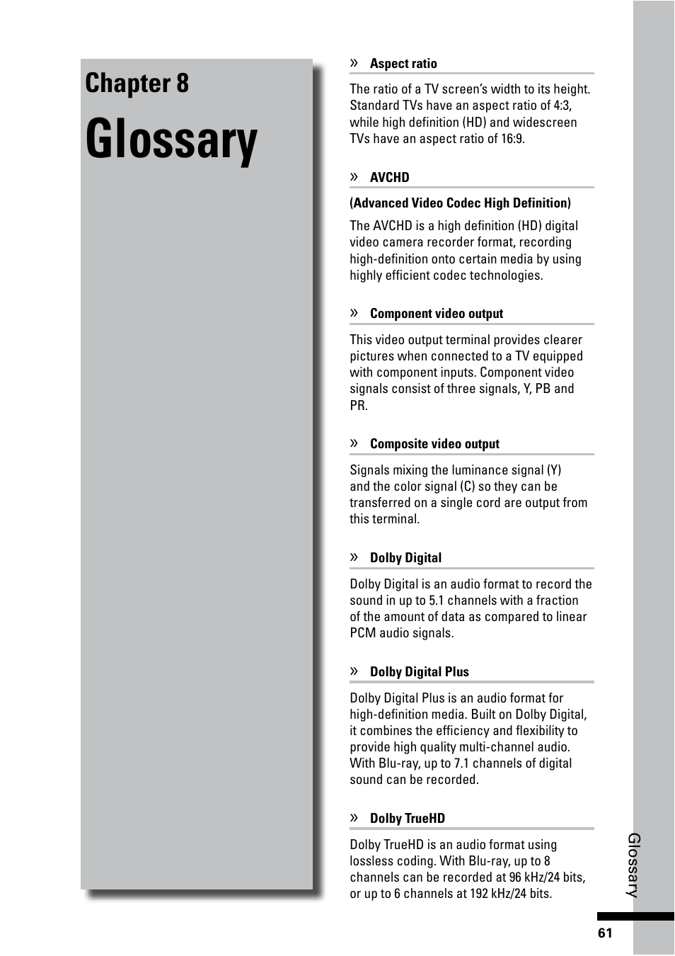 Glossary, Chapter 8 | HP BD-2000 Blu-ray Disc Player User Manual | Page 61 / 66