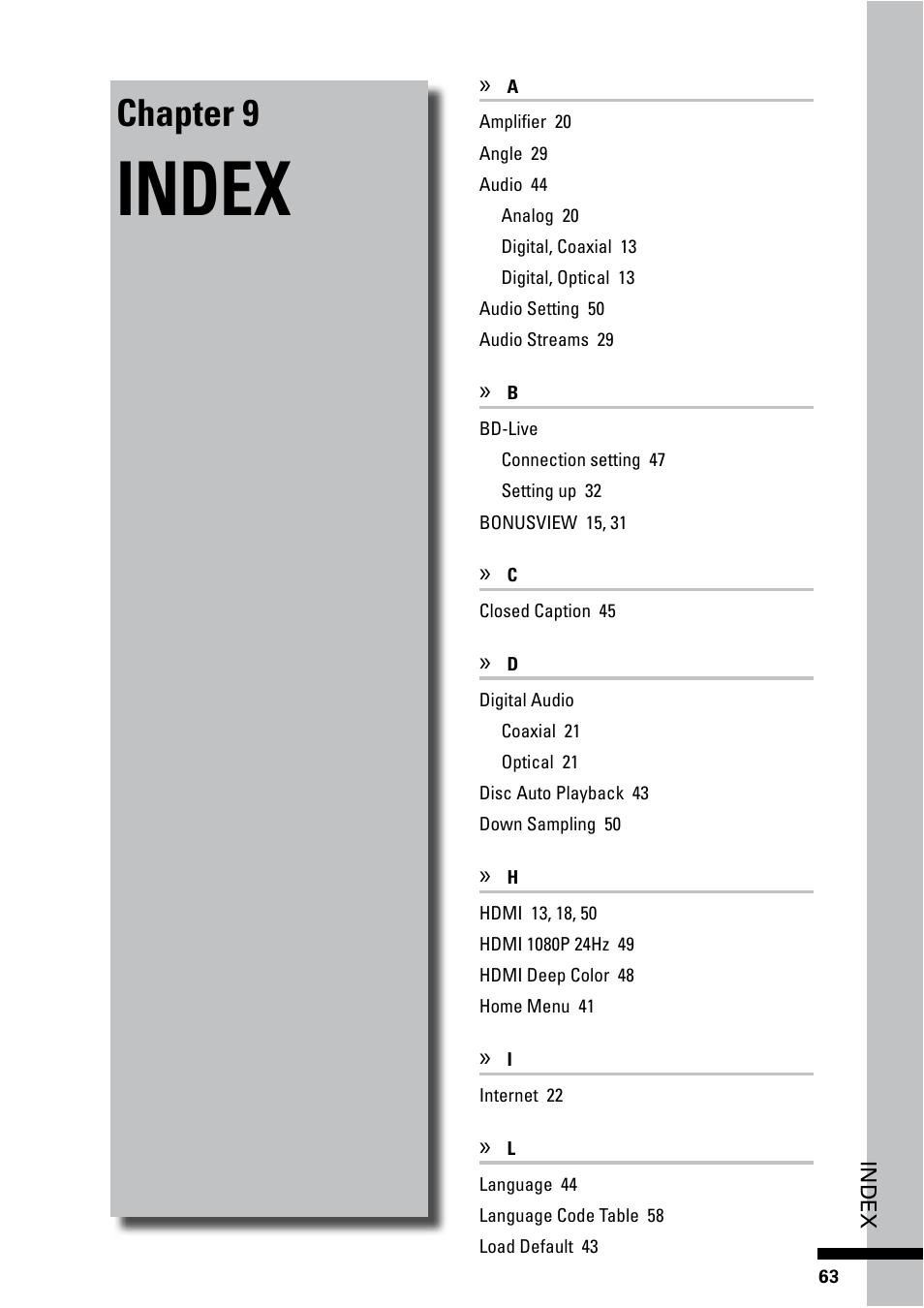 Index, Chapter 9 | HP BD-2000 Blu-ray Disc Player User Manual | Page 63 / 66