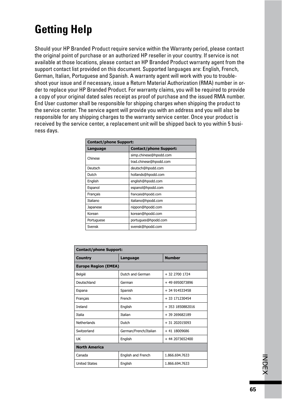 Getting help, Index | HP BD-2000 Blu-ray Disc Player User Manual | Page 65 / 66