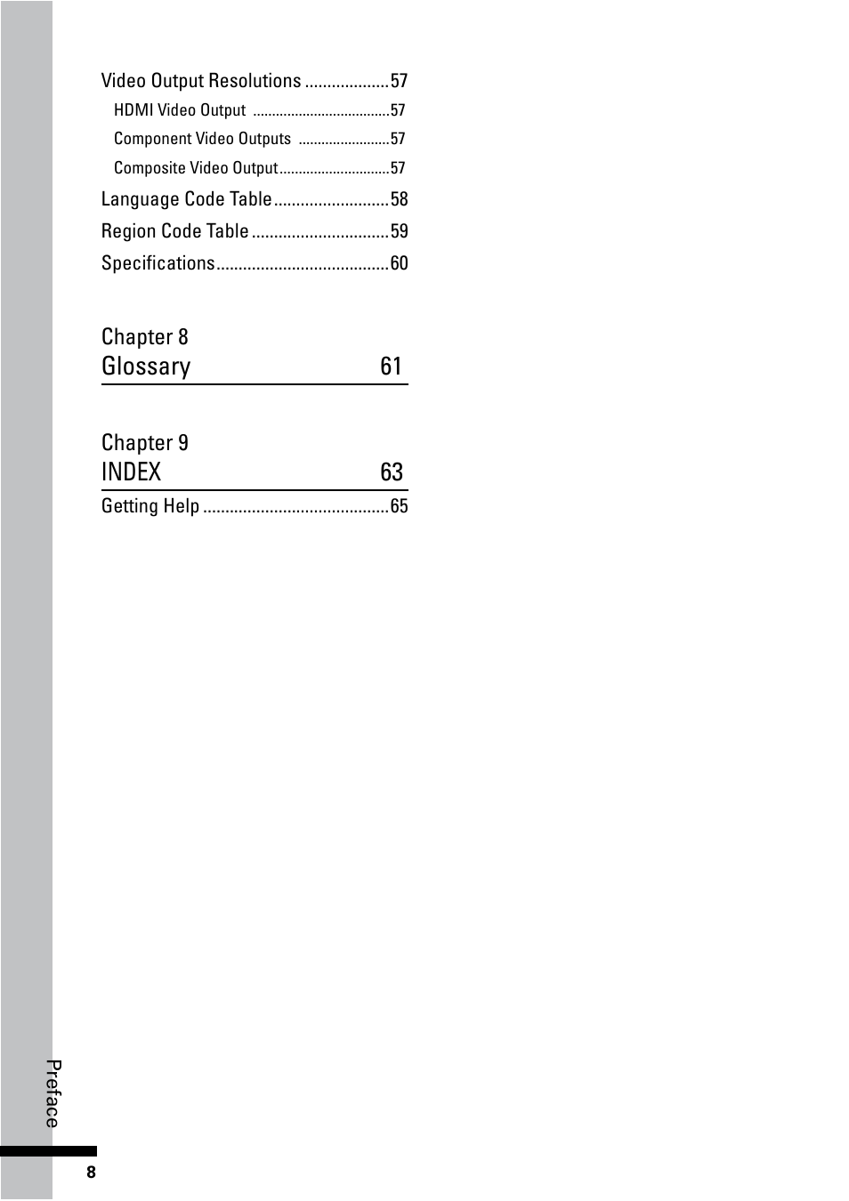 Glossary 61, Index 63 | HP BD-2000 Blu-ray Disc Player User Manual | Page 8 / 66