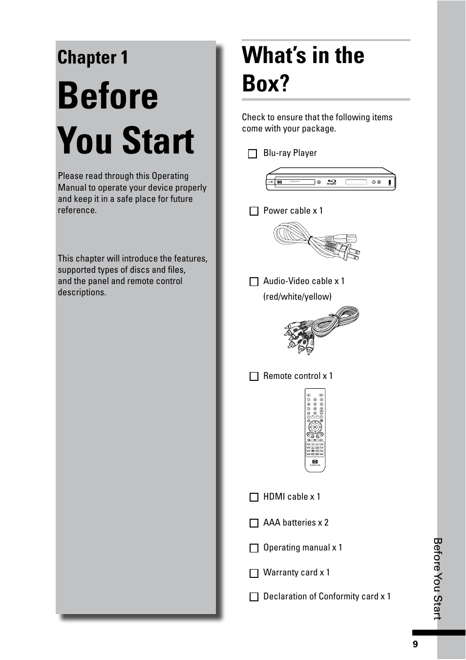 Before you start, What’s in the box, Chapter 1 | HP BD-2000 Blu-ray Disc Player User Manual | Page 9 / 66