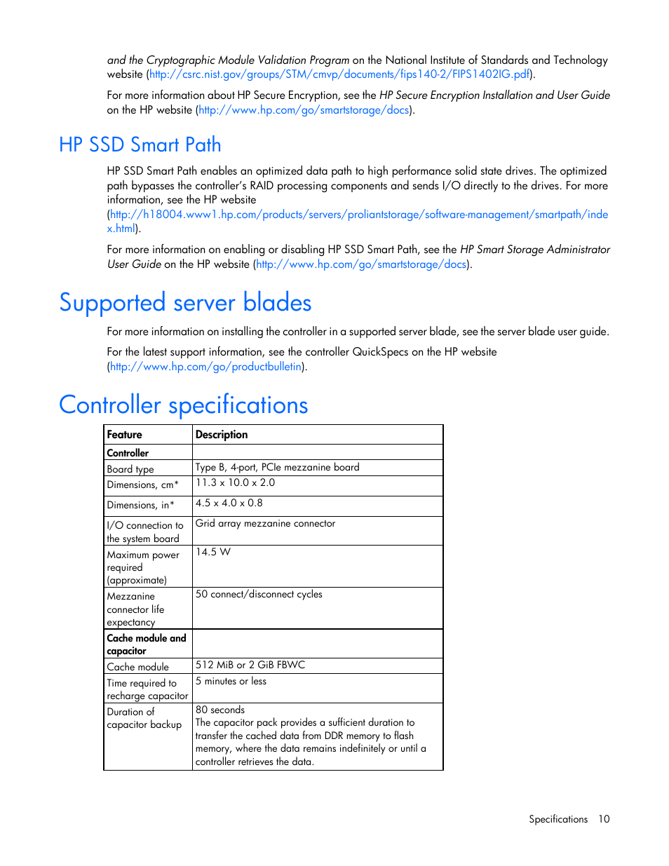 Hp ssd smart path, Supported server blades, Controller specifications | HP Smart Array P731m Controller User Manual | Page 10 / 45