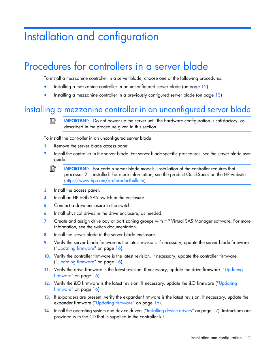 Installation and configuration, Procedures for controllers in a server blade | HP Smart Array P731m Controller User Manual | Page 12 / 45