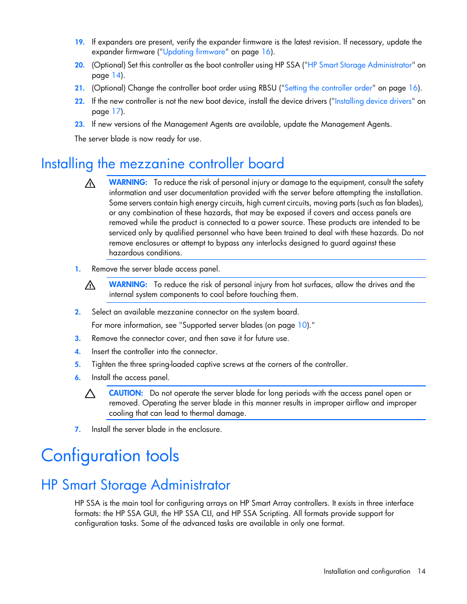 Installing the mezzanine controller board, Configuration tools, Hp smart storage administrator | HP Smart Array P731m Controller User Manual | Page 14 / 45