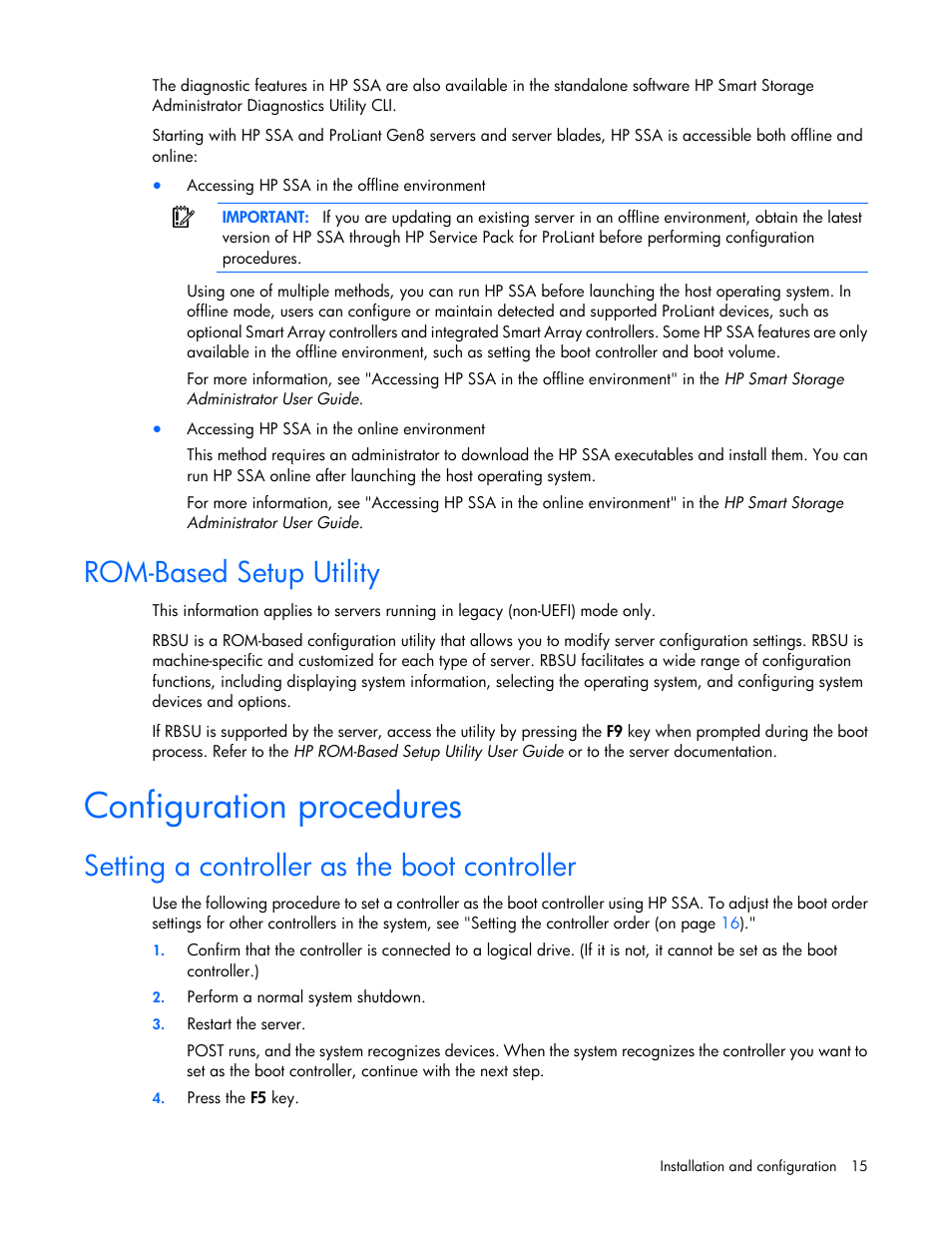 Rom-based setup utility, Configuration procedures, Setting a controller as the boot controller | HP Smart Array P731m Controller User Manual | Page 15 / 45