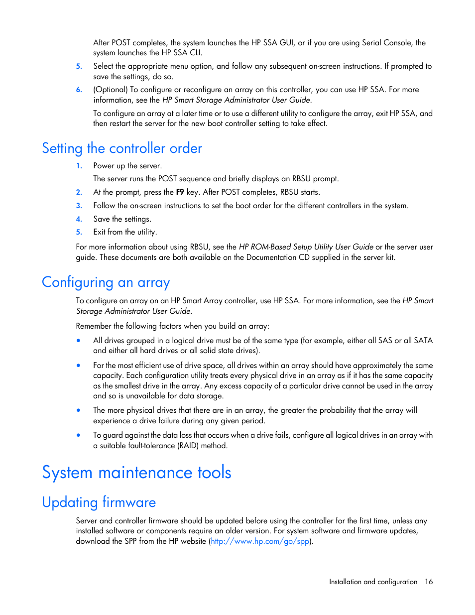 Setting the controller order, Configuring an array, System maintenance tools | Updating firmware, Updating, Firmware | HP Smart Array P731m Controller User Manual | Page 16 / 45