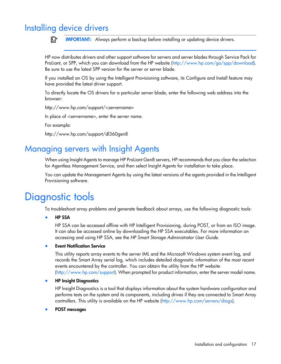 Installing device drivers, Managing servers with insight agents, Diagnostic tools | HP Smart Array P731m Controller User Manual | Page 17 / 45