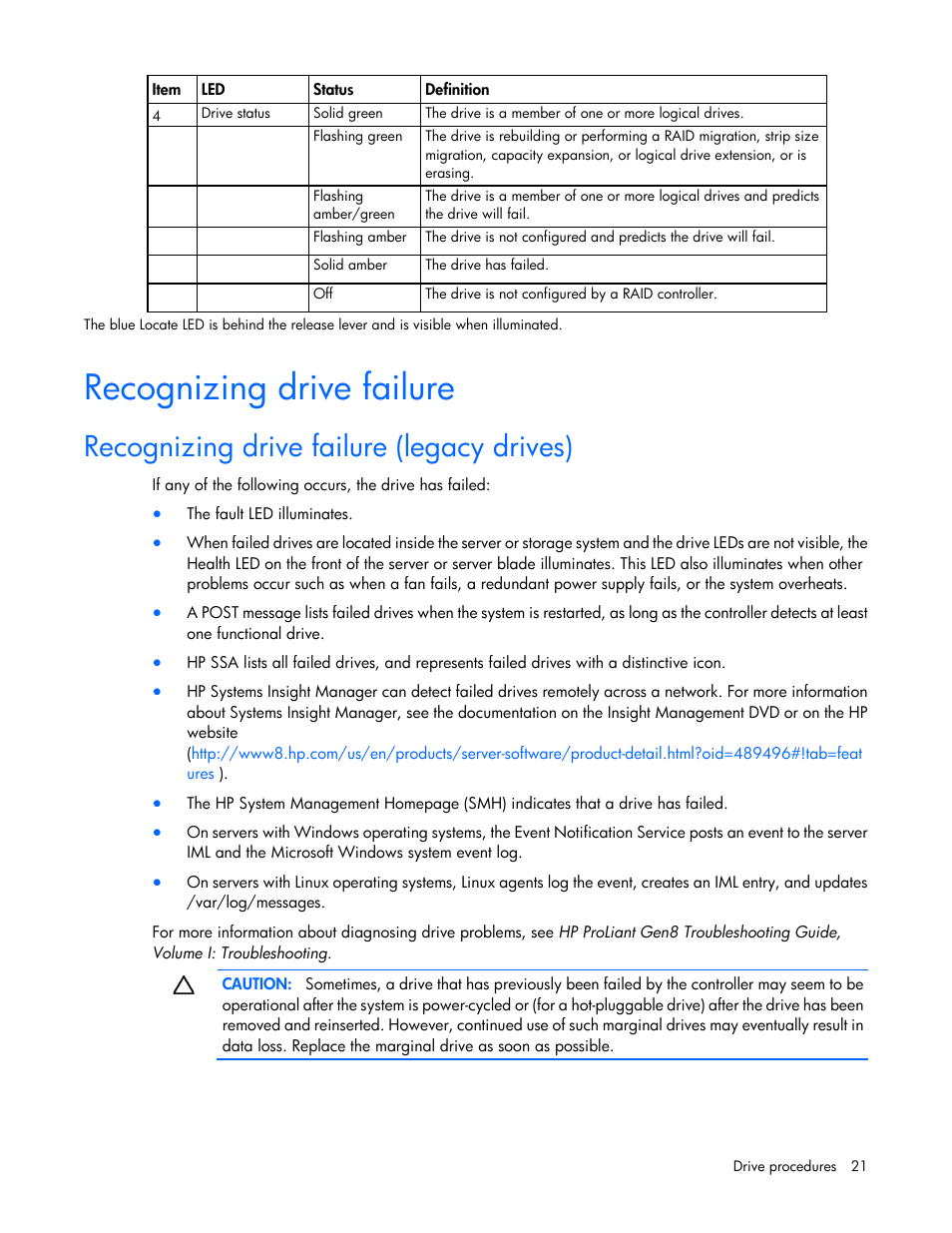 Recognizing drive failure, Recognizing drive failure (legacy drives) | HP Smart Array P731m Controller User Manual | Page 21 / 45