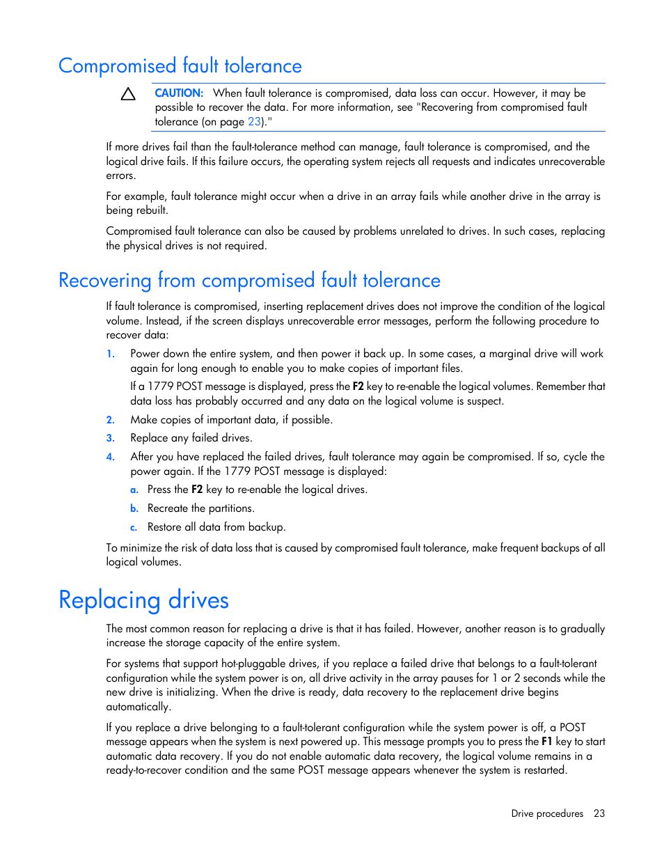 Compromised fault tolerance, Recovering from compromised fault tolerance, Replacing drives | HP Smart Array P731m Controller User Manual | Page 23 / 45