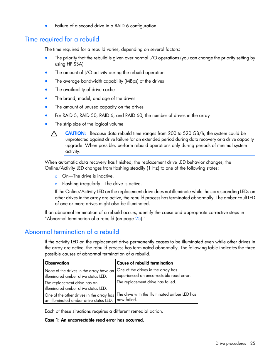 Time required for a rebuild, Abnormal termination of a rebuild | HP Smart Array P731m Controller User Manual | Page 25 / 45