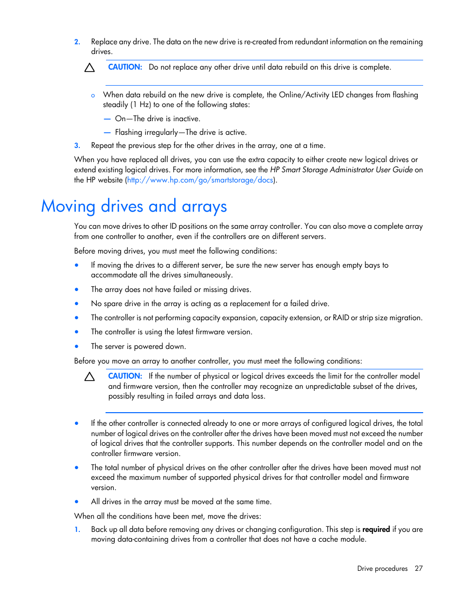 Moving drives and arrays | HP Smart Array P731m Controller User Manual | Page 27 / 45