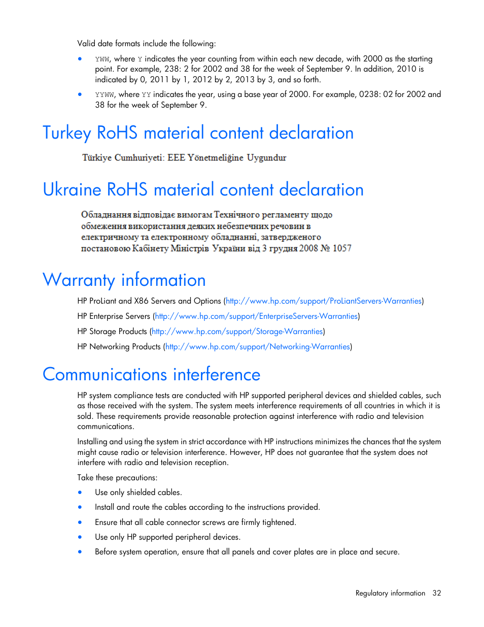 Turkey rohs material content declaration, Ukraine rohs material content declaration, Warranty information | Communications interference | HP Smart Array P731m Controller User Manual | Page 32 / 45