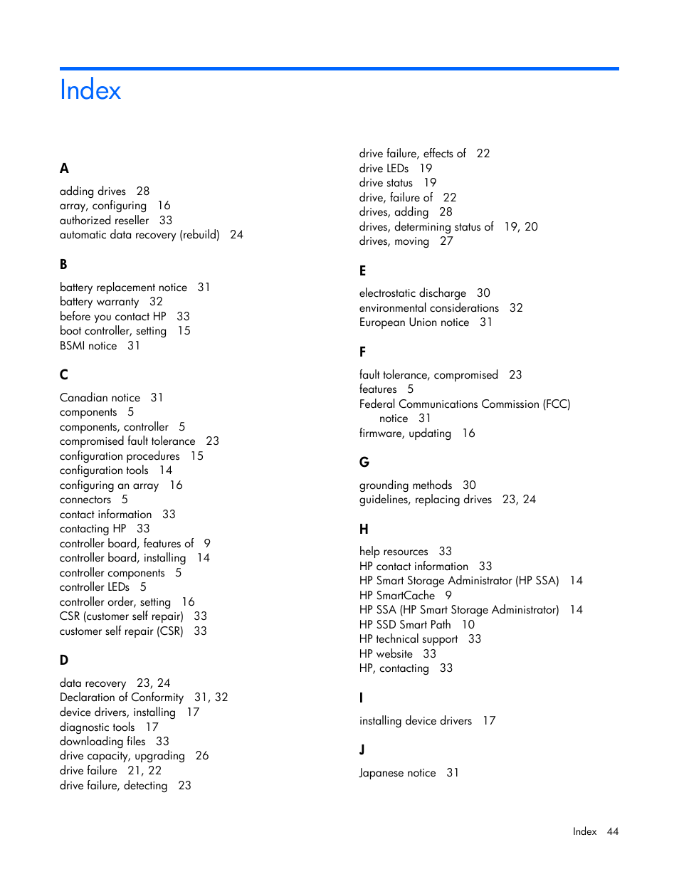 Index | HP Smart Array P731m Controller User Manual | Page 44 / 45