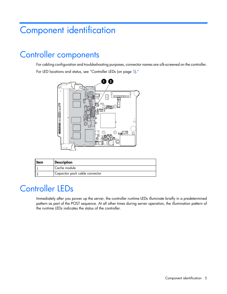 Component identification, Controller components, Controller leds | HP Smart Array P731m Controller User Manual | Page 5 / 45