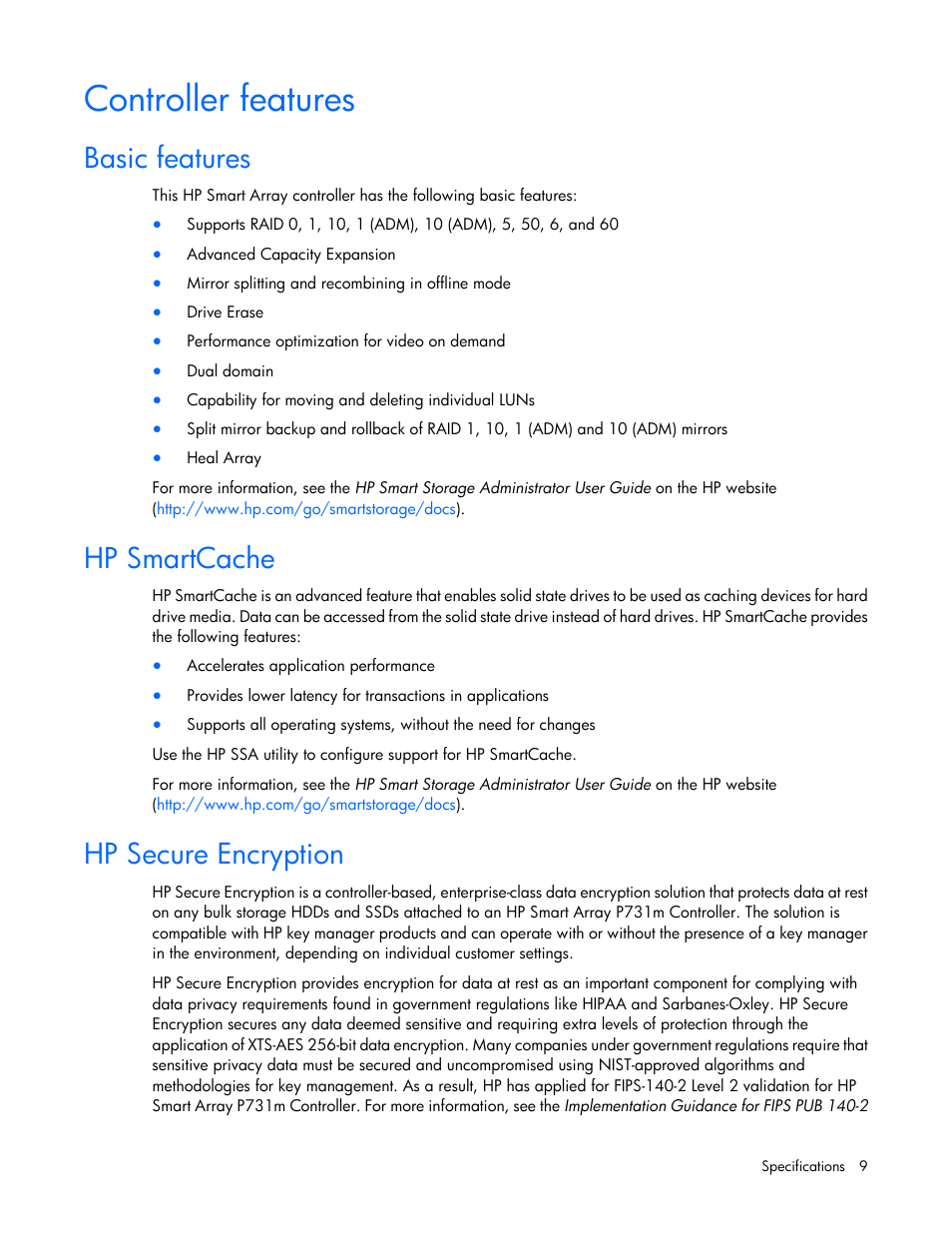 Controller features, Basic features, Hp smartcache | Hp secure encryption | HP Smart Array P731m Controller User Manual | Page 9 / 45