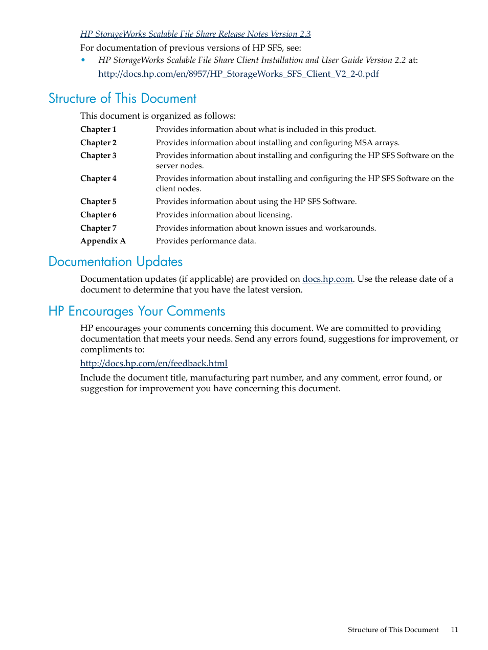 Structure of this document, Documentation updates, Hp encourages your comments | HP StorageWorks Scalable File Share User Manual | Page 11 / 80