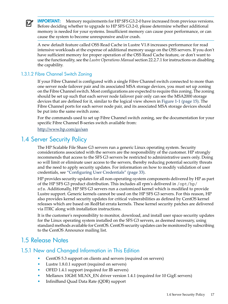2 fibre channel switch zoning, 4 server security policy, 5 release notes | 1 new and changed information in this edition, 4 server security policy 1.5 release notes | HP StorageWorks Scalable File Share User Manual | Page 17 / 80