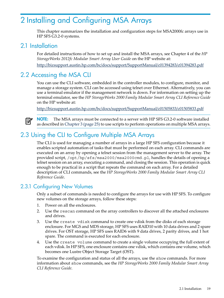 2 installing and configuring msa arrays, 1 installation, 2 accessing the msa cli | 3 using the cli to configure multiple msa arrays, 1 configuring new volumes | HP StorageWorks Scalable File Share User Manual | Page 19 / 80