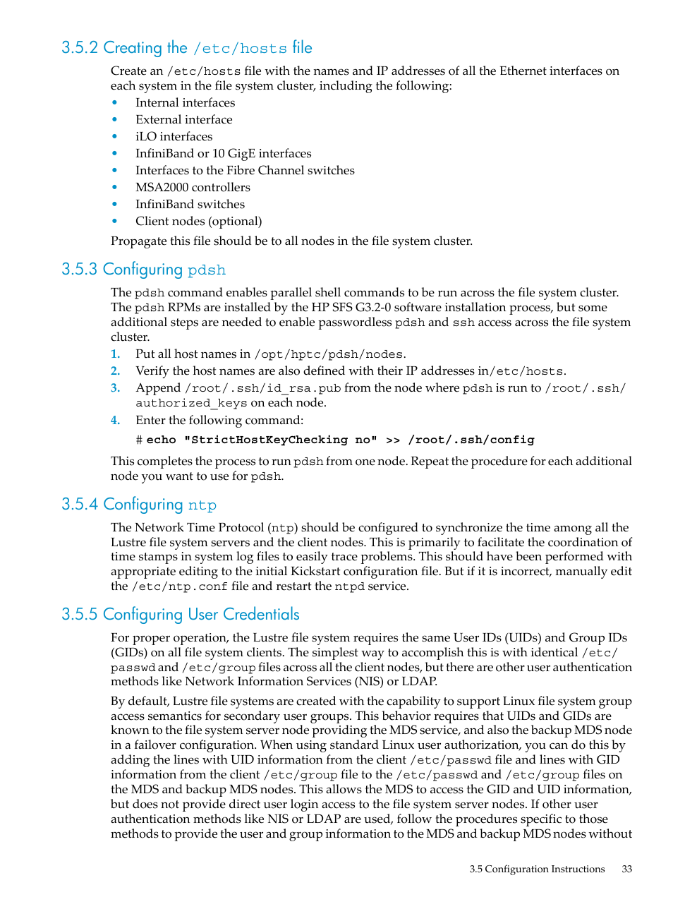 2 creating the /etc/​hosts file, 3 configuring pdsh, 4 configuring ntp | 5 configuring user credentials, 2 creating the /etc/hosts file | HP StorageWorks Scalable File Share User Manual | Page 33 / 80