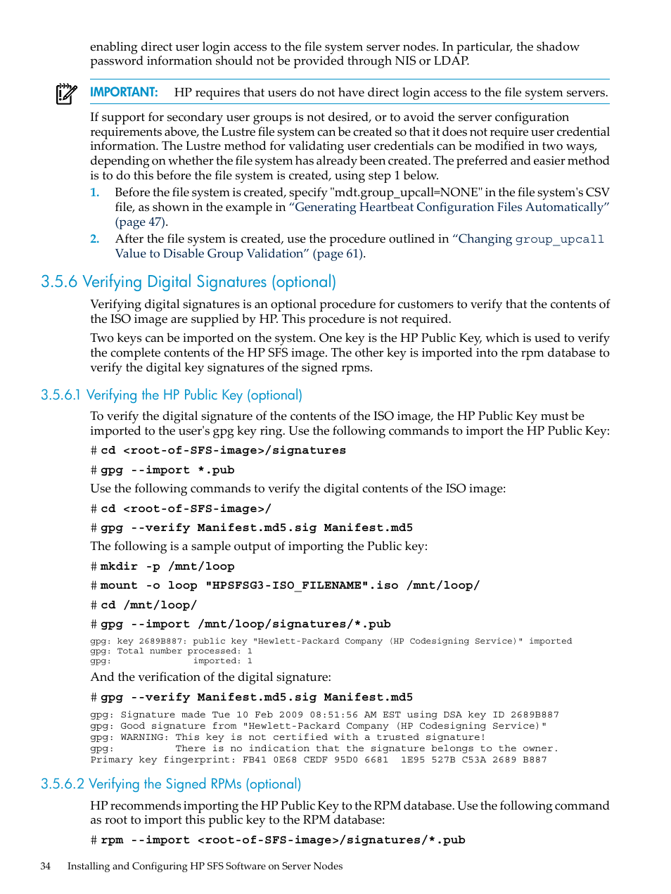 6 verifying digital signatures (optional), 1 verifying the hp public key (optional), 2 verifying the signed rpms (optional) | HP StorageWorks Scalable File Share User Manual | Page 34 / 80