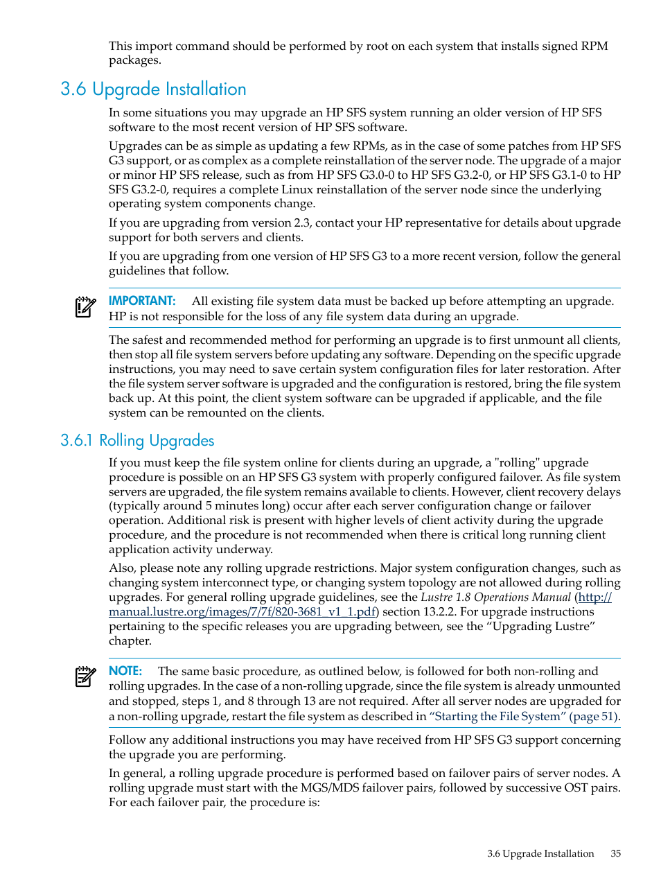 6 upgrade installation, 1 rolling upgrades | HP StorageWorks Scalable File Share User Manual | Page 35 / 80