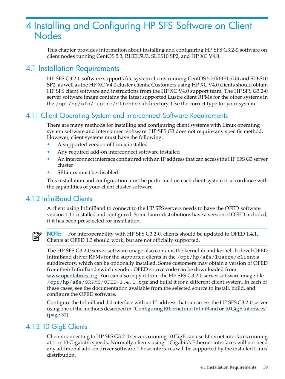 1 installation requirements, 2 infiniband clients, 3 10 gige clients | HP StorageWorks Scalable File Share User Manual | Page 39 / 80