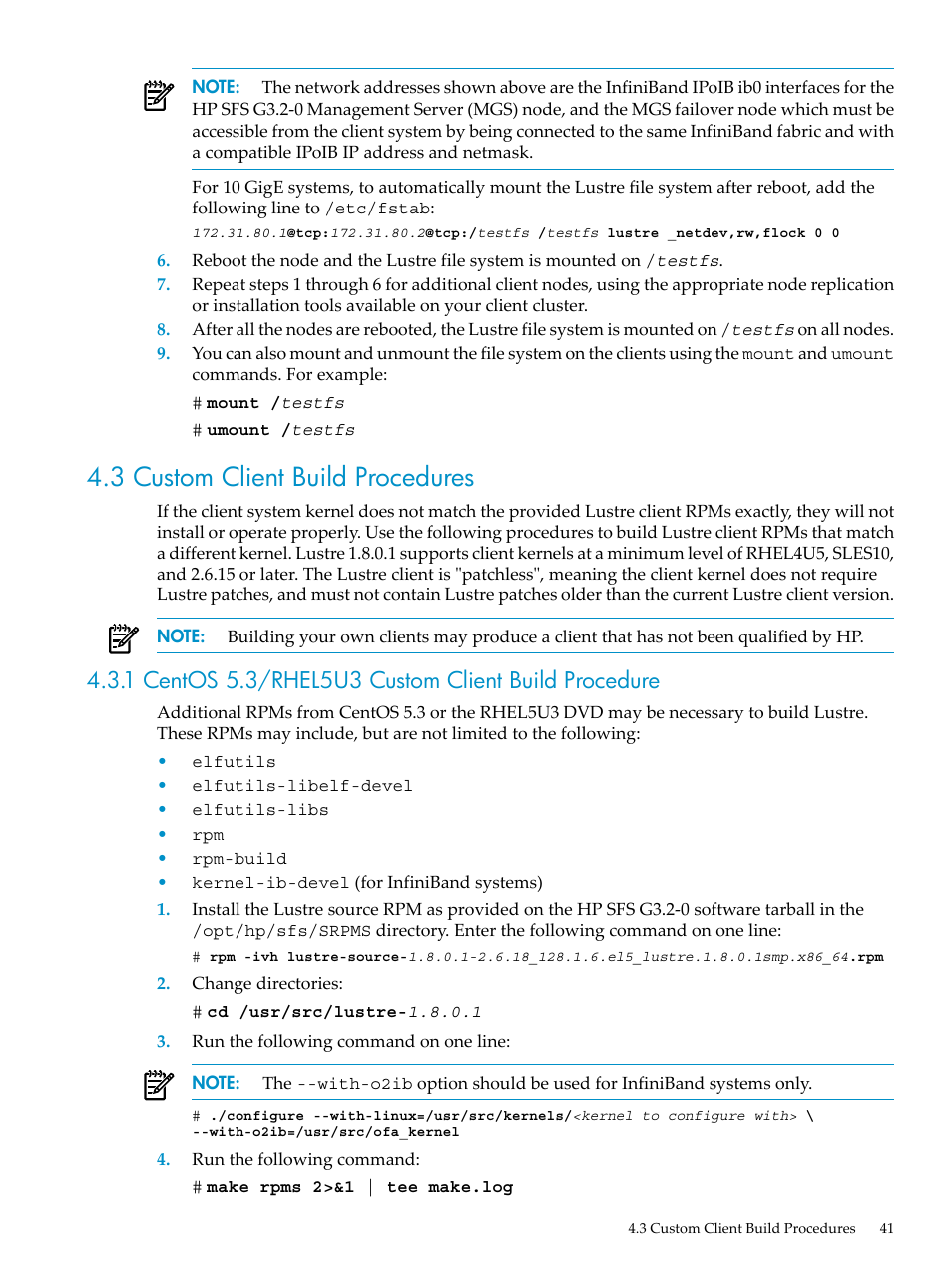 3 custom client build procedures, 1 centos 5.3/rhel5u3 custom client build procedure | HP StorageWorks Scalable File Share User Manual | Page 41 / 80