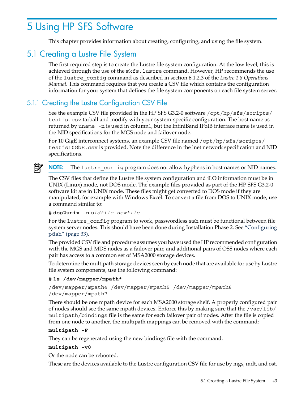 5 using hp sfs software, 1 creating a lustre file system, 1 creating the lustre configuration csv file | HP StorageWorks Scalable File Share User Manual | Page 43 / 80