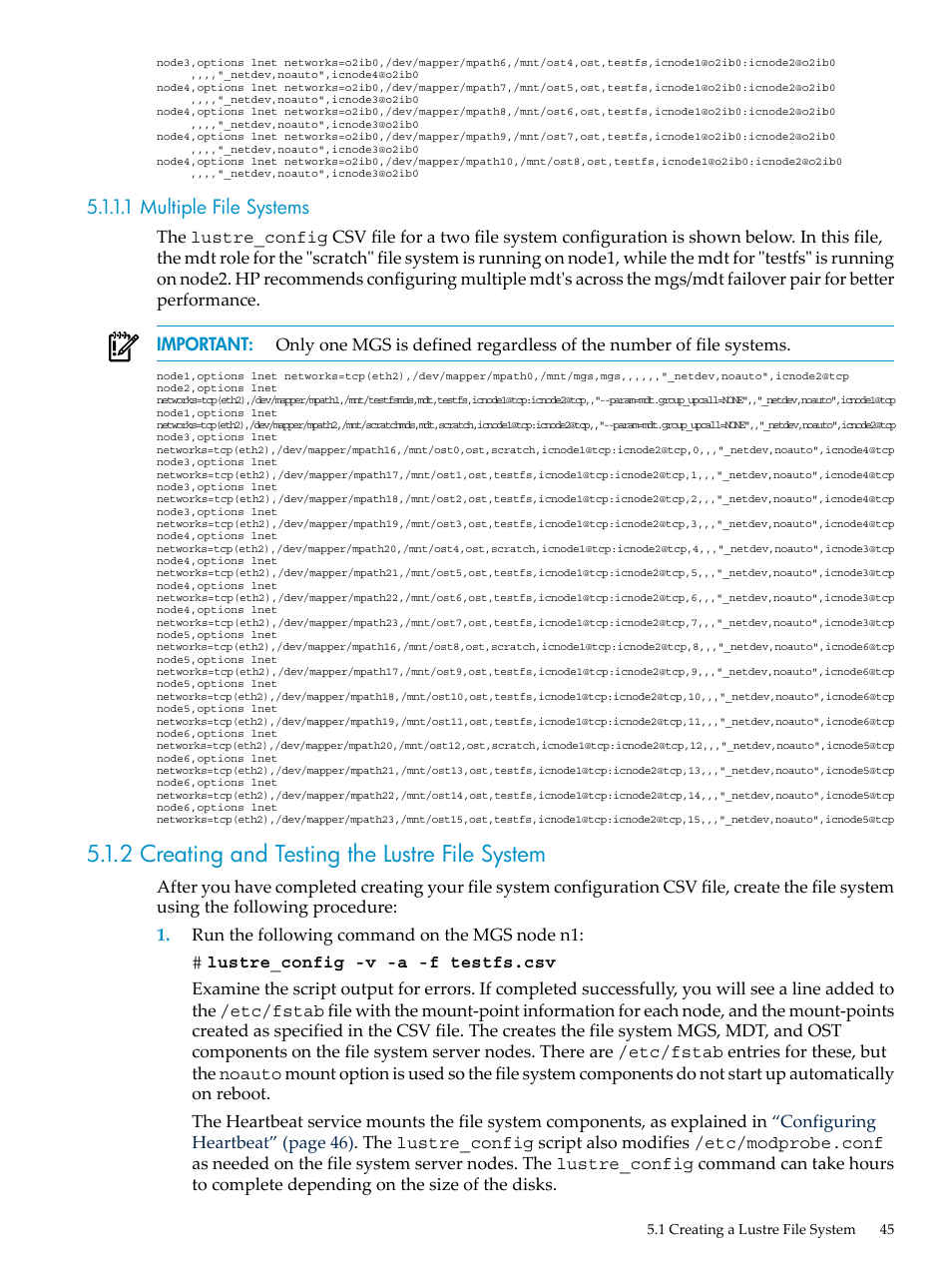 1 multiple file systems, 2 creating and testing the lustre file system | HP StorageWorks Scalable File Share User Manual | Page 45 / 80
