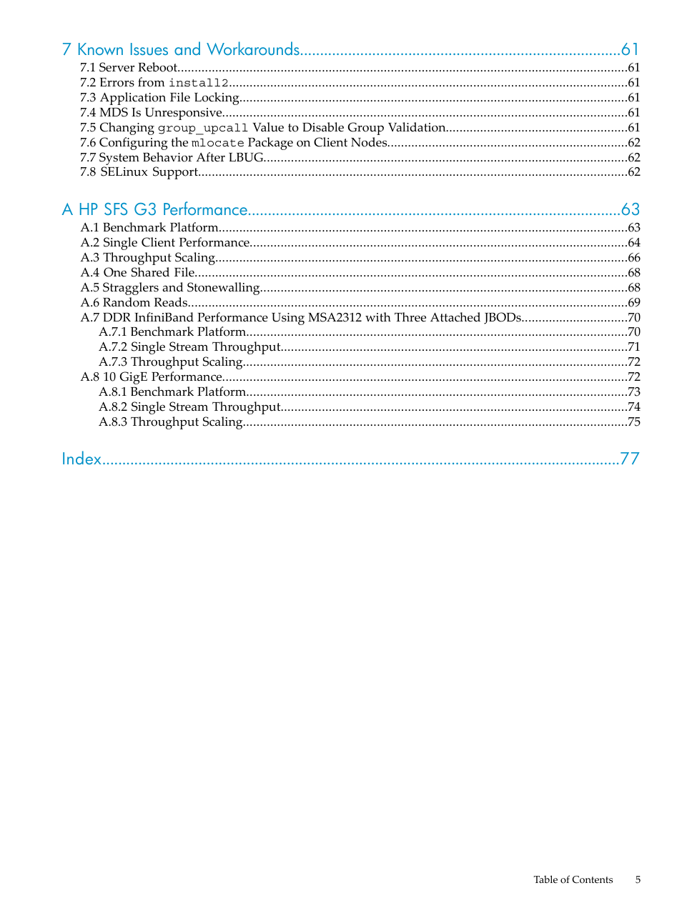 7 known issues and workarounds, A hp sfs g3 performance, Index | HP StorageWorks Scalable File Share User Manual | Page 5 / 80