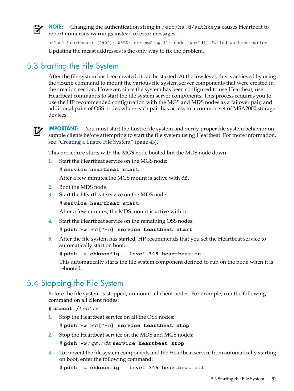 3 starting the file system, 4 stopping the file system | HP StorageWorks Scalable File Share User Manual | Page 51 / 80
