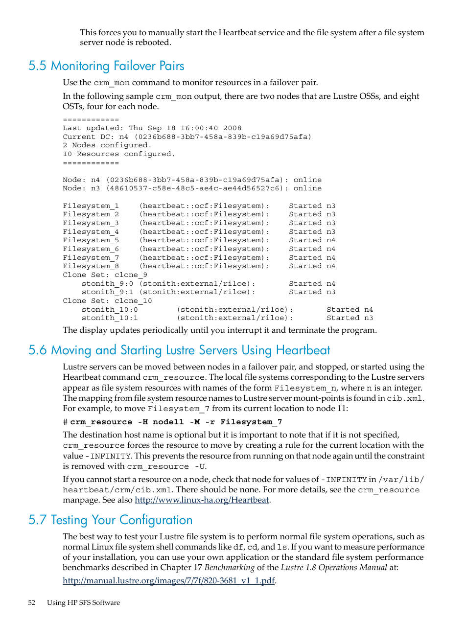 5 monitoring failover pairs, 7 testing your configuration | HP StorageWorks Scalable File Share User Manual | Page 52 / 80