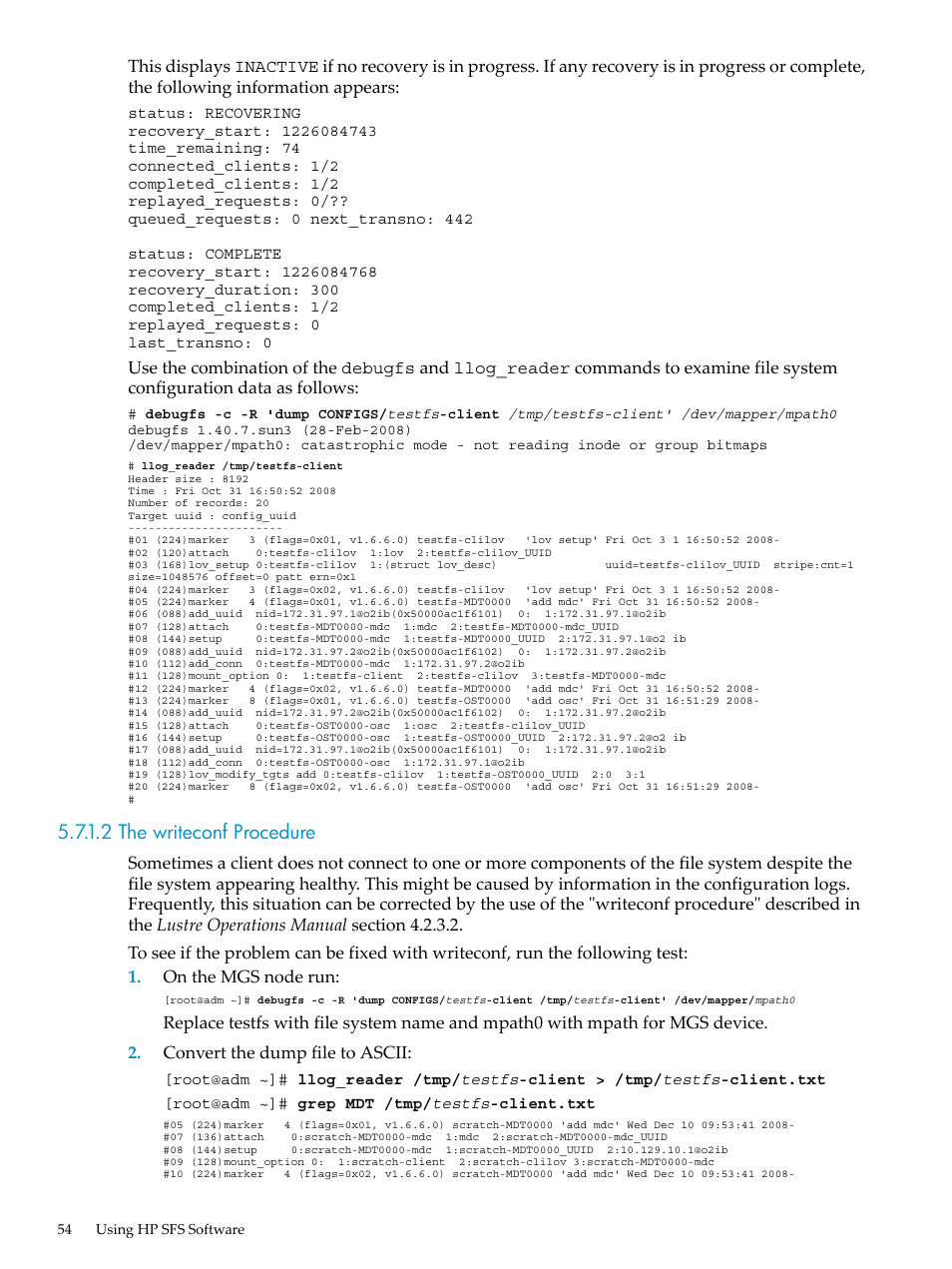 2 the writeconf procedure | HP StorageWorks Scalable File Share User Manual | Page 54 / 80