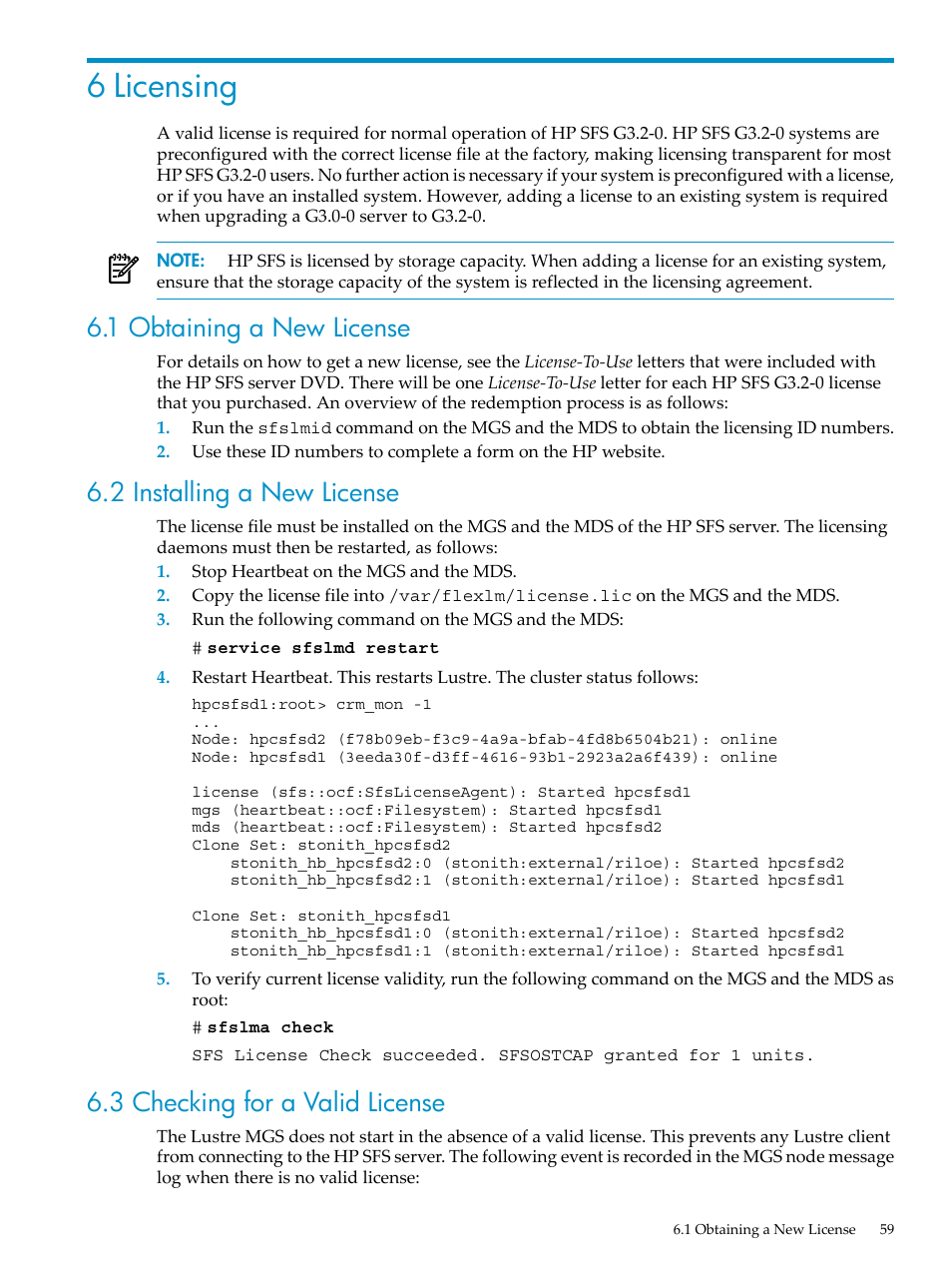 6 licensing, 1 obtaining a new license, 2 installing a new license | 3 checking for a valid license | HP StorageWorks Scalable File Share User Manual | Page 59 / 80