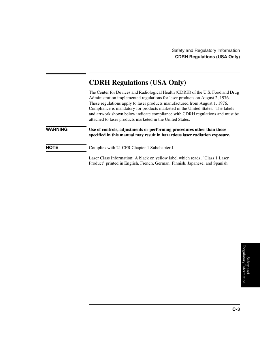 Cdrh regulations (usa only), Note complies with 21 cfr chapter 1 subchapter j | HP Optical Jukeboxes User Manual | Page 101 / 112